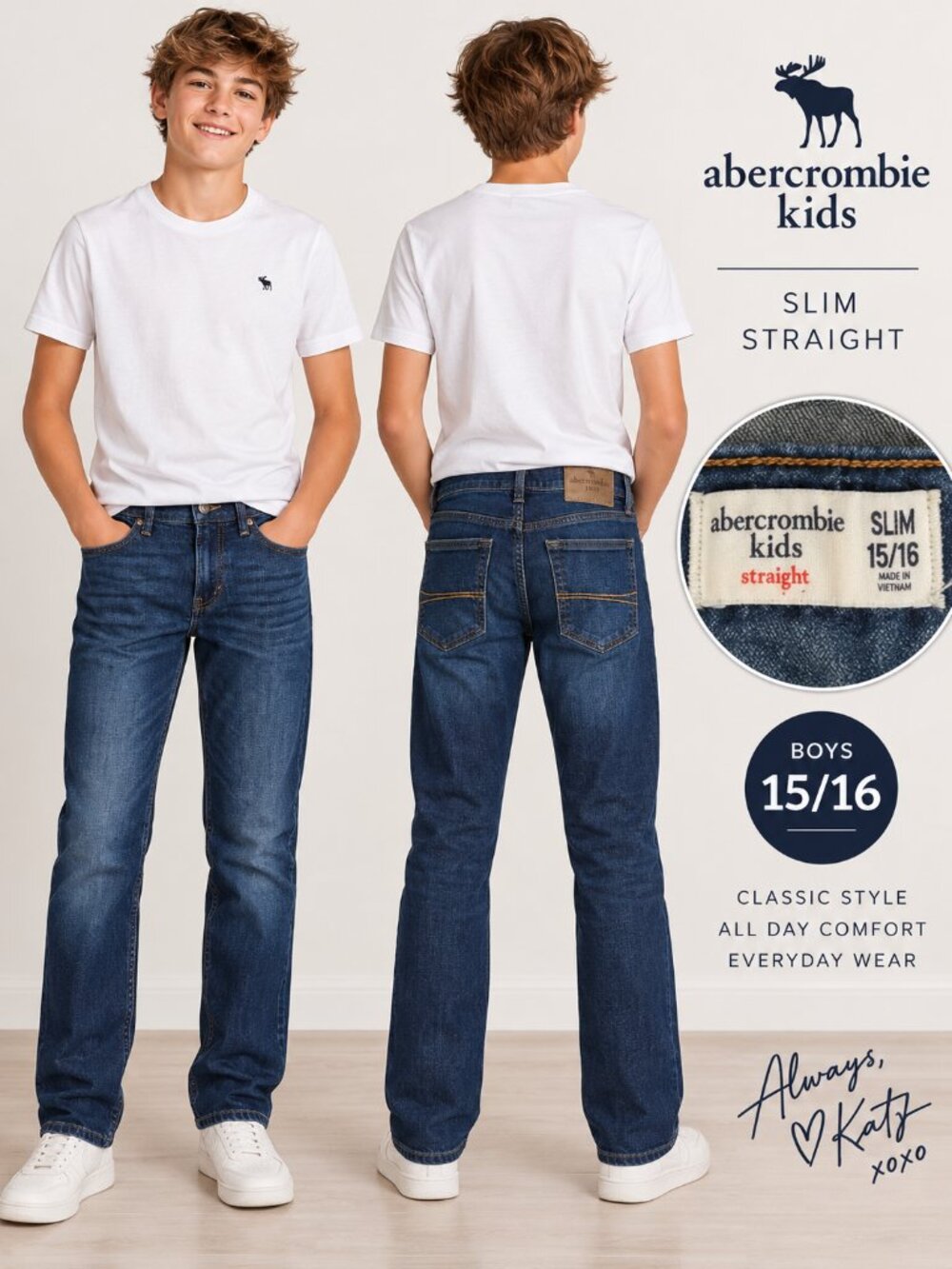 Abercrombie Kids Boys 15/16 Slim Straight Jeans Dark Wash Stretch Adjustable